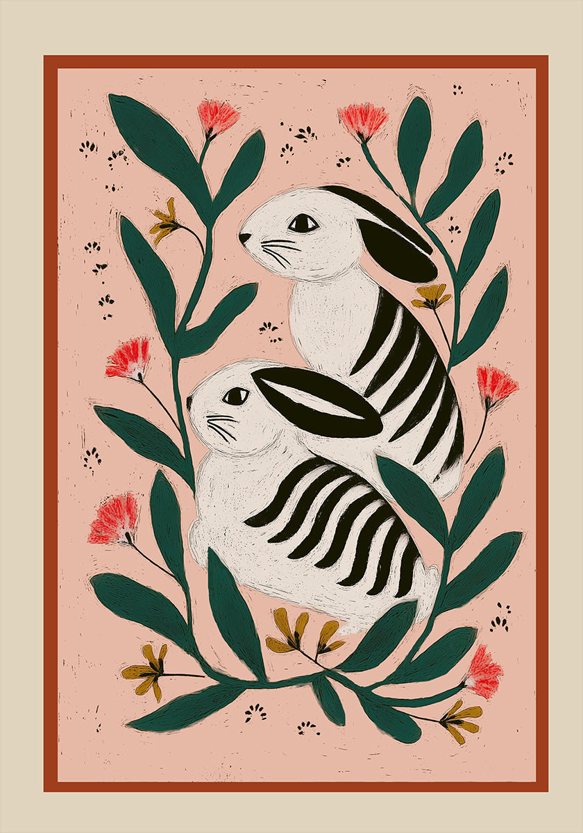Hares Among Flowers Poster