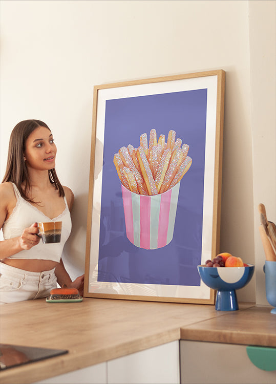 Glitter French Fries in Pink Striped Cup - Unique Food Art Poster