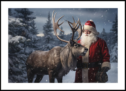 a man dressed as santa claus standing next to a reindeer