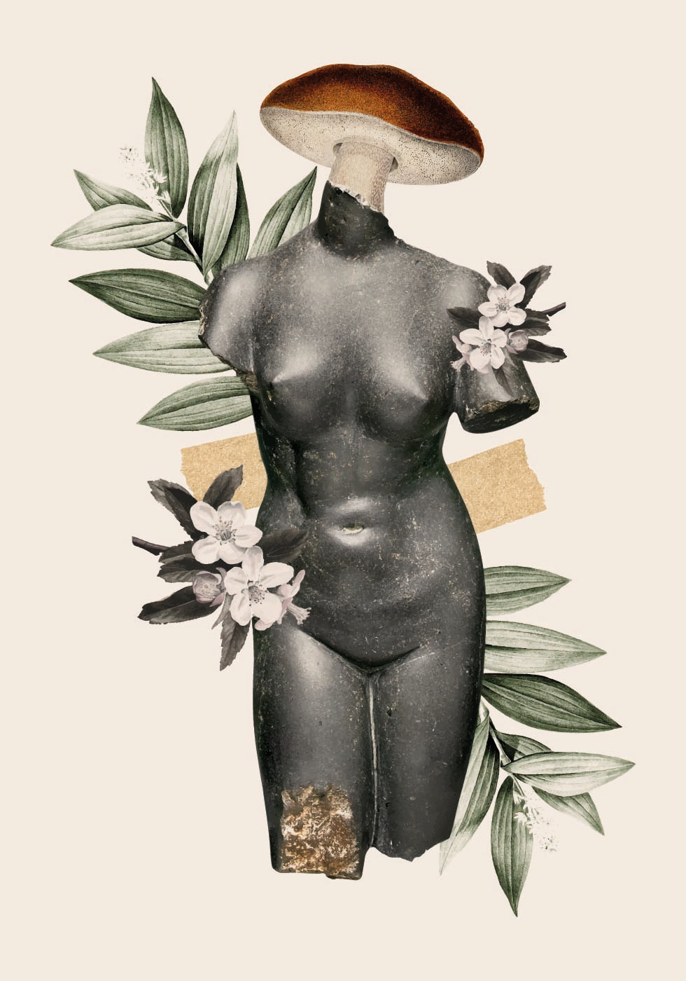 Antique Female Sculpture with Botanical Elements Poster