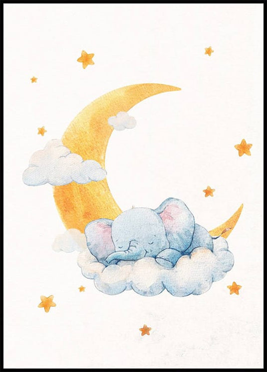 Baby Elephant on Moonlit Clouds Poster