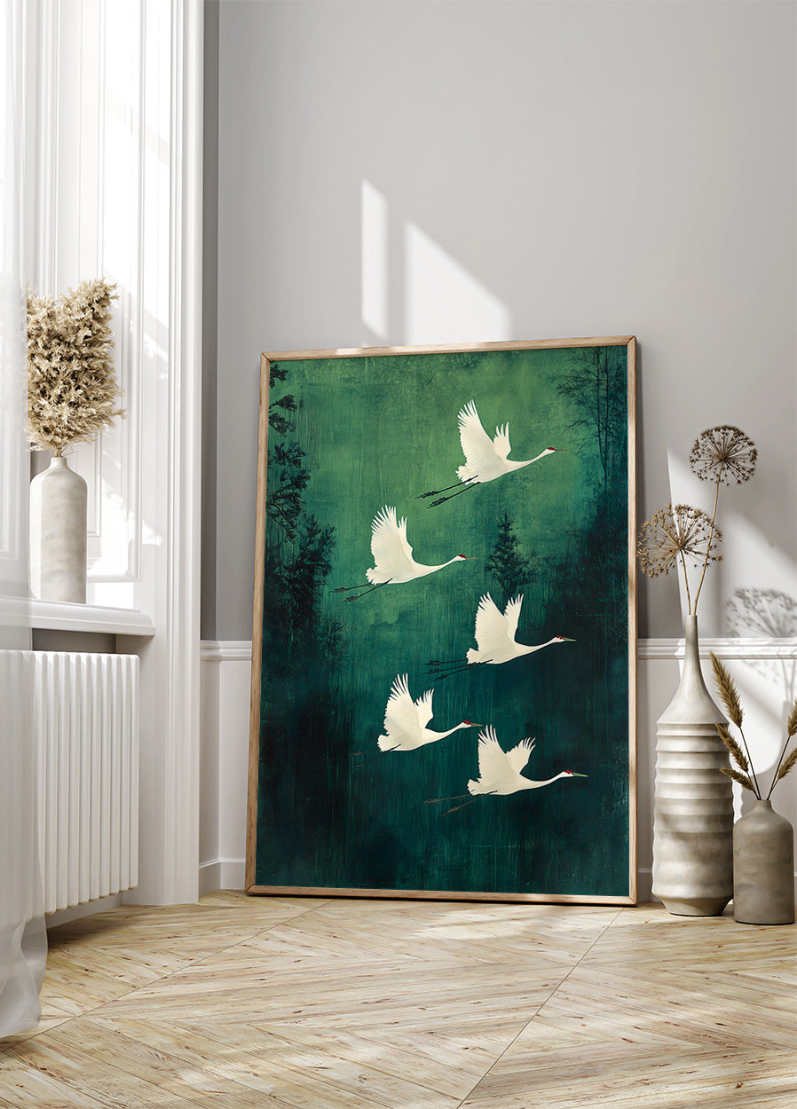Elegant Flying Cranes Poster
