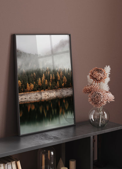 Autumn Reflections in Misty Forest Poster