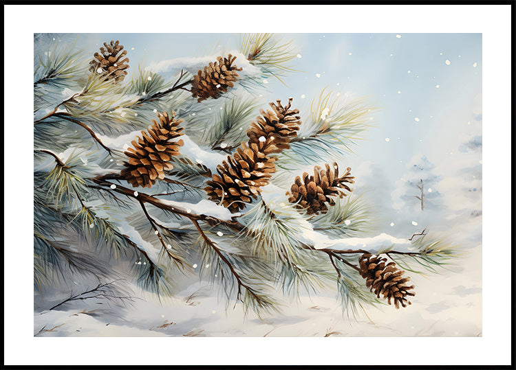 Watercolor Snowy Pine Branches with Cones Poster