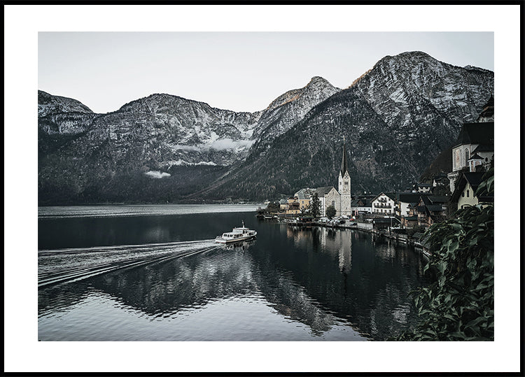 Serene Mountain Village Reflection Poster