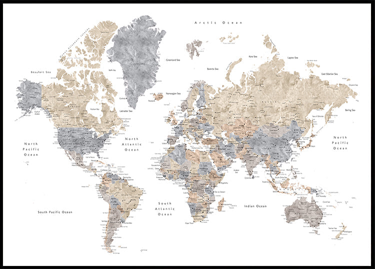 Watercolor world map with cities, Gouri Poster