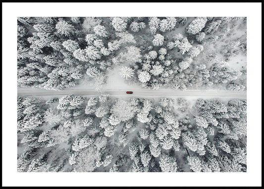 Red Car Driving Through Snowy Forest Poster