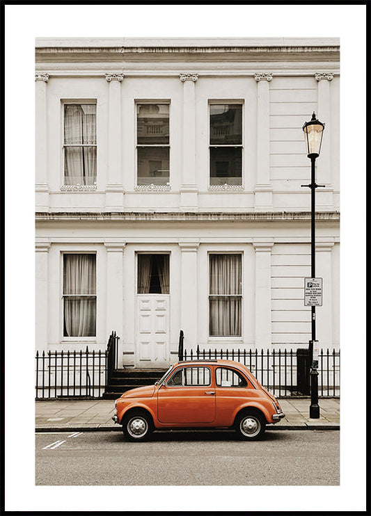 Charming Urban Scene with Orange Car Poster