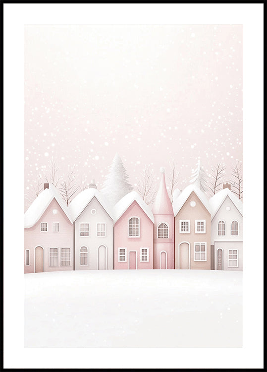 Watercolor Snowy Pink Houses Poster