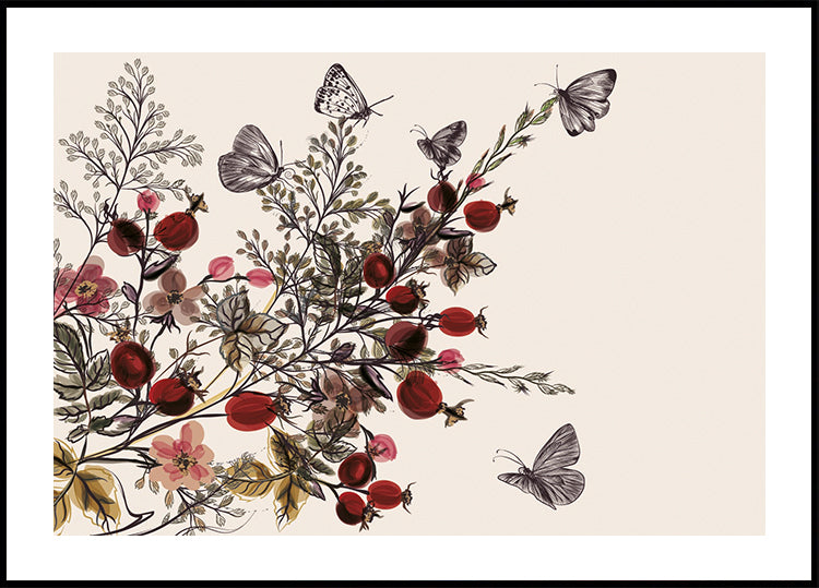 Watercolor Rose Hips and Butterflies Poster