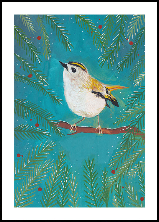 Goldcrest bird sitting in a tree Poster