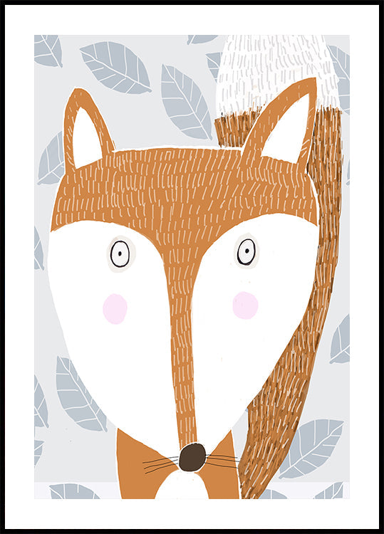 Cute Red Fox with Grey Leaf Pattern by Artist Carla Daly Poster