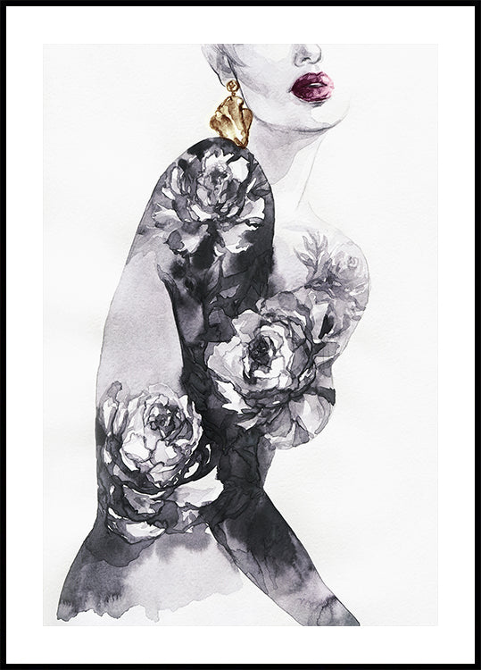 Watercolor Woman with Flowers Poster