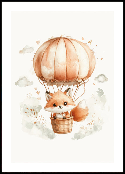 Watercolor Baby Fox on a Balloon Poster