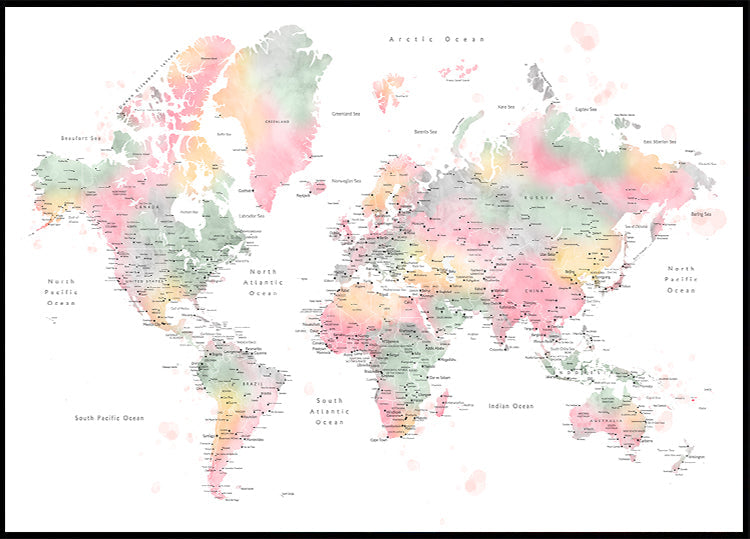 Pastel watercolor world map with cities Poster