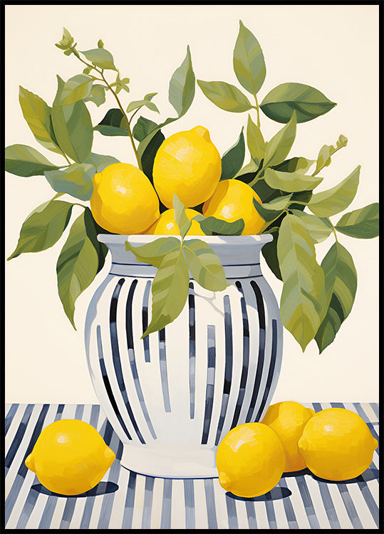 Lemons in a Striped Vase, Mediterranean Still Life Poster