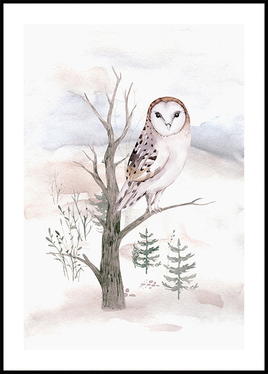 Watercolor Owl in the Forest Poster