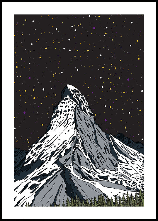 Snowy Mountain Under a Starry Night Sky Poster