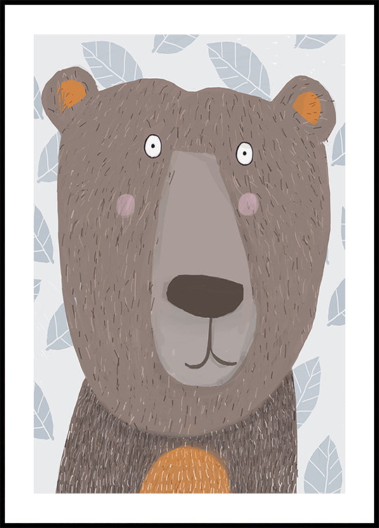 Cute Brown Bear with Grey Leaf Pattern by Artist Carla Poster
