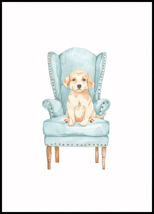 Puppy in Blue Armchair Poster