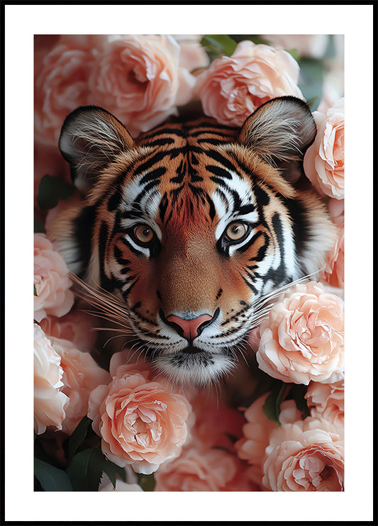 Tiger Among Peach Roses Poster