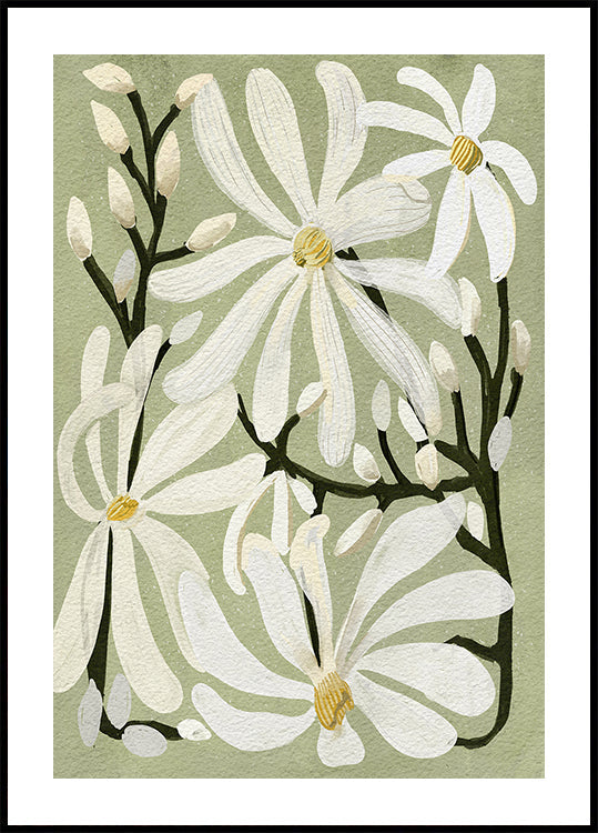 Star Magnolia Florals on Sage background Poster