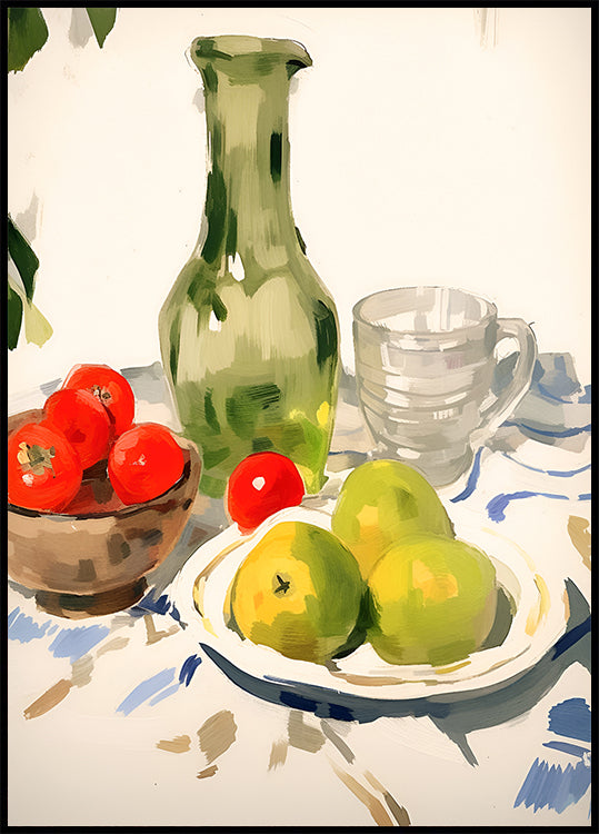 Still Life with Pears and Tomatoes, Sunny Kitchen Table Poster