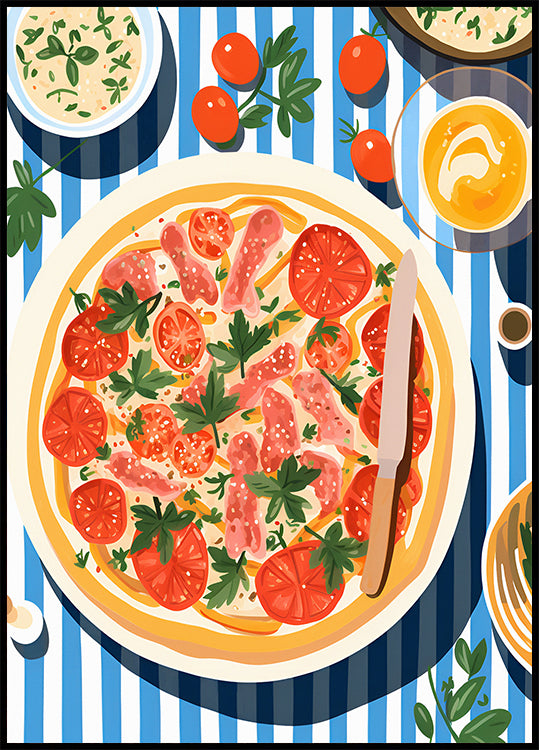 Italian Pizza, Tomato Parsley Topping, Striped Table Poster