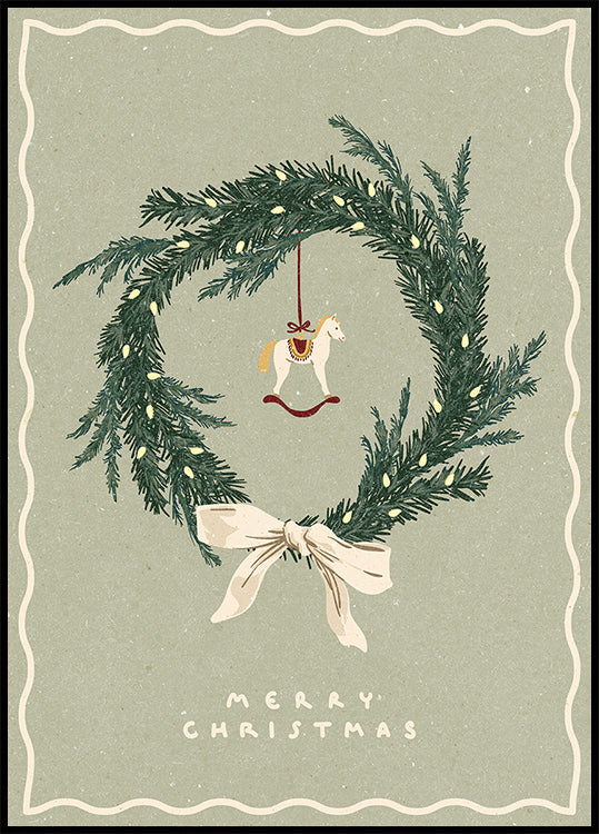 Horses toy on Christmas wreath with bow Poster