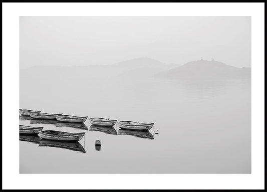 Boats In A Foggy Lake Poster