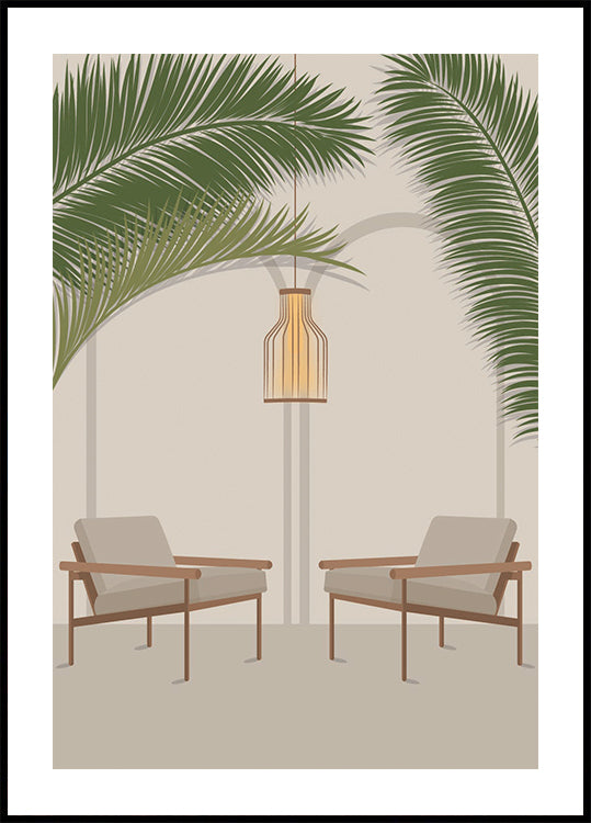 Free Your Mind 1, Modern Tropical Lounge with Palm Leaves and Chairs Poster