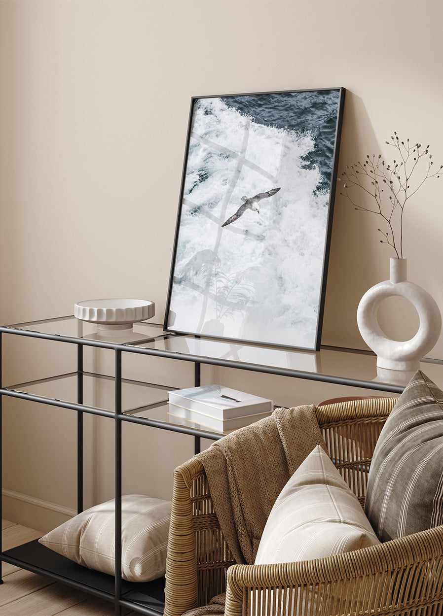 Grey Seagull Flying Over Waves Poster