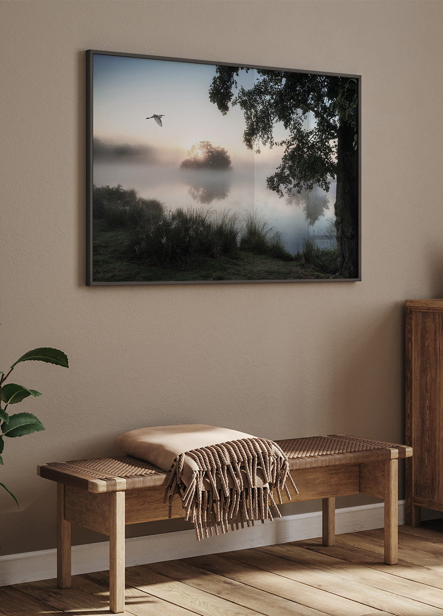 Heron Flying Over a Foggy Lake Poster