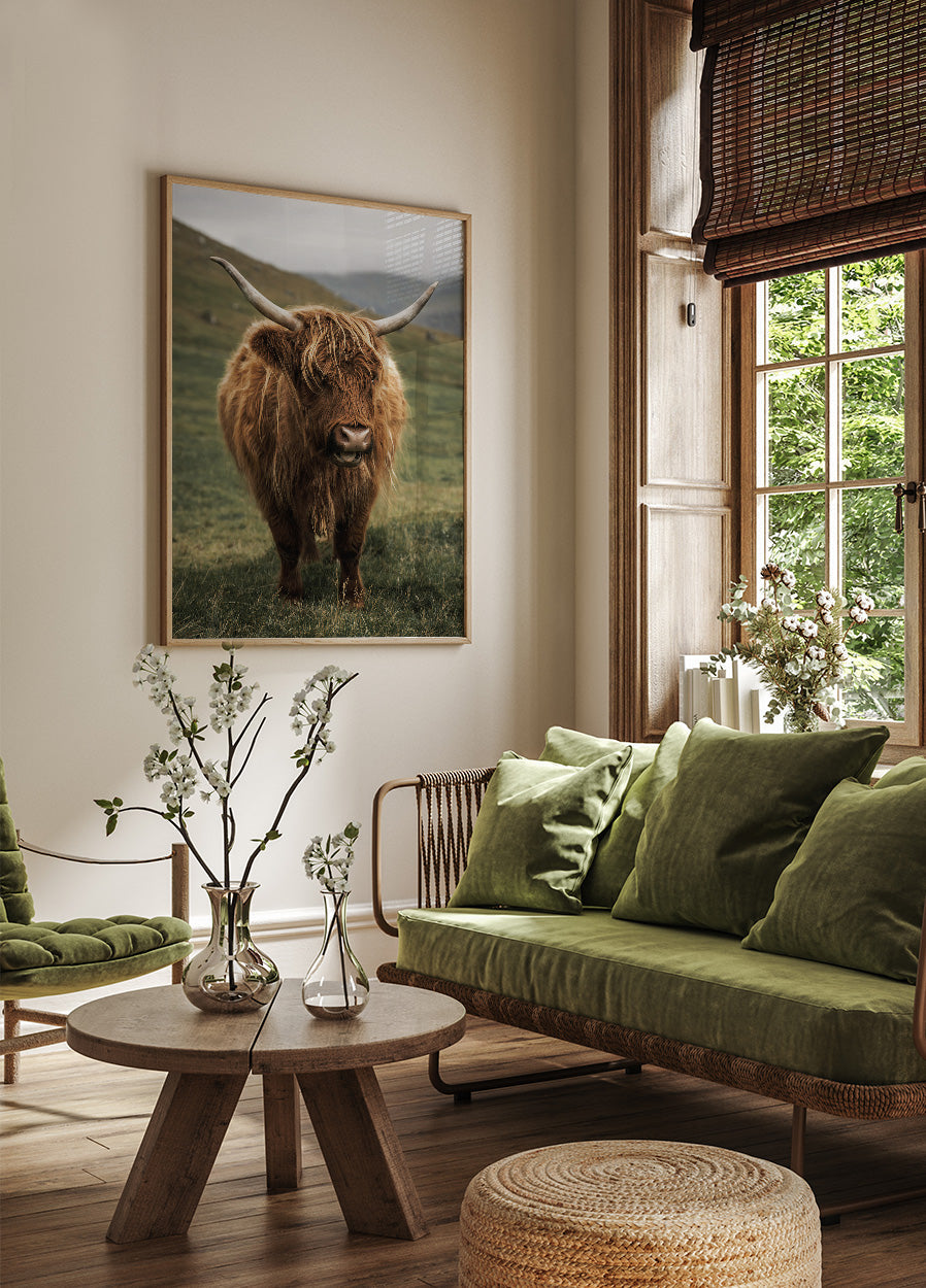 Highland Cow Near a Mountain Poster