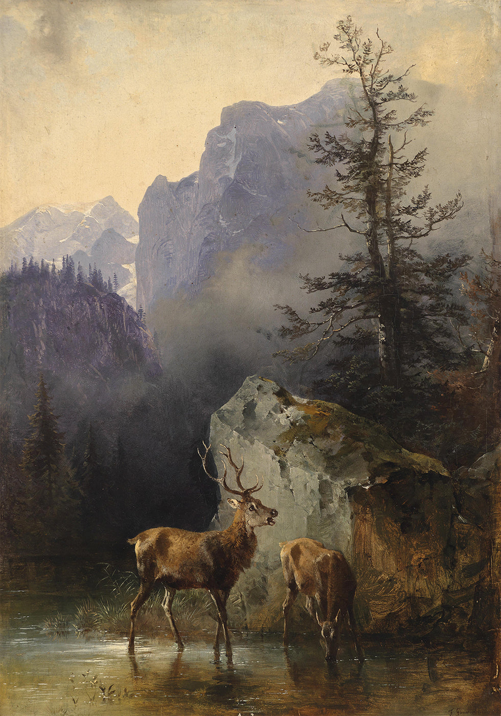 Hirsch Und Tier An Der Tränke By Friedrich Gauermann Poster