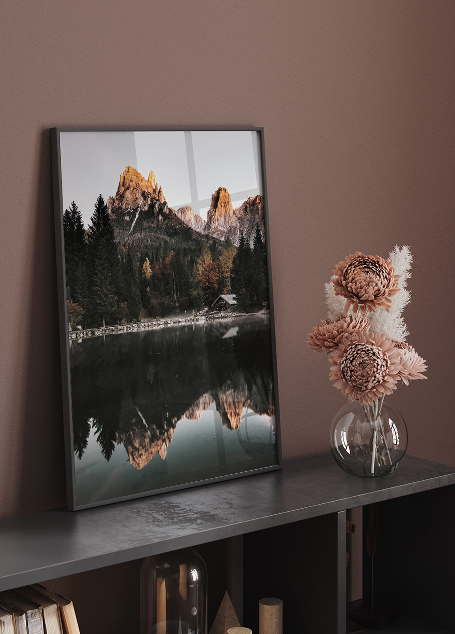 House At The Foot Of A Mountain Near A Lake Poster