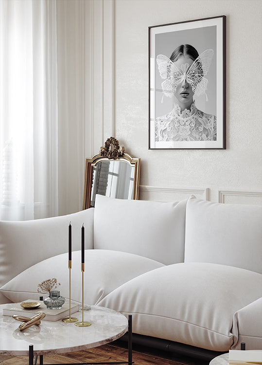 Lady in White with Butterfly Mask Poster