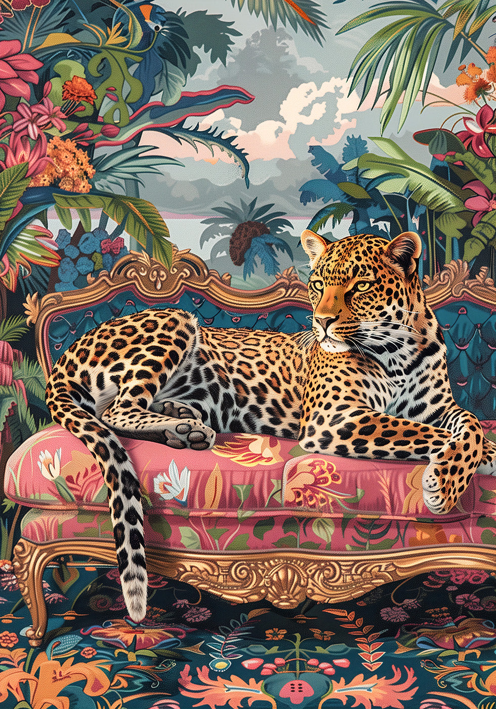 Leopard Lounging on a Luxury Sofa Poster