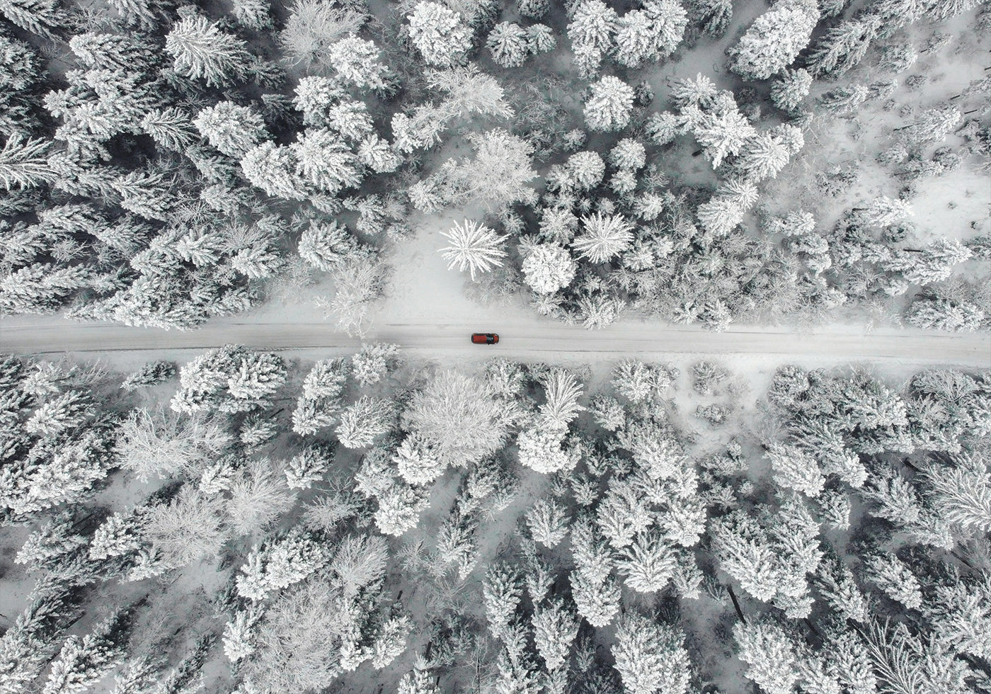 Red Car Driving Through Snowy Forest Poster