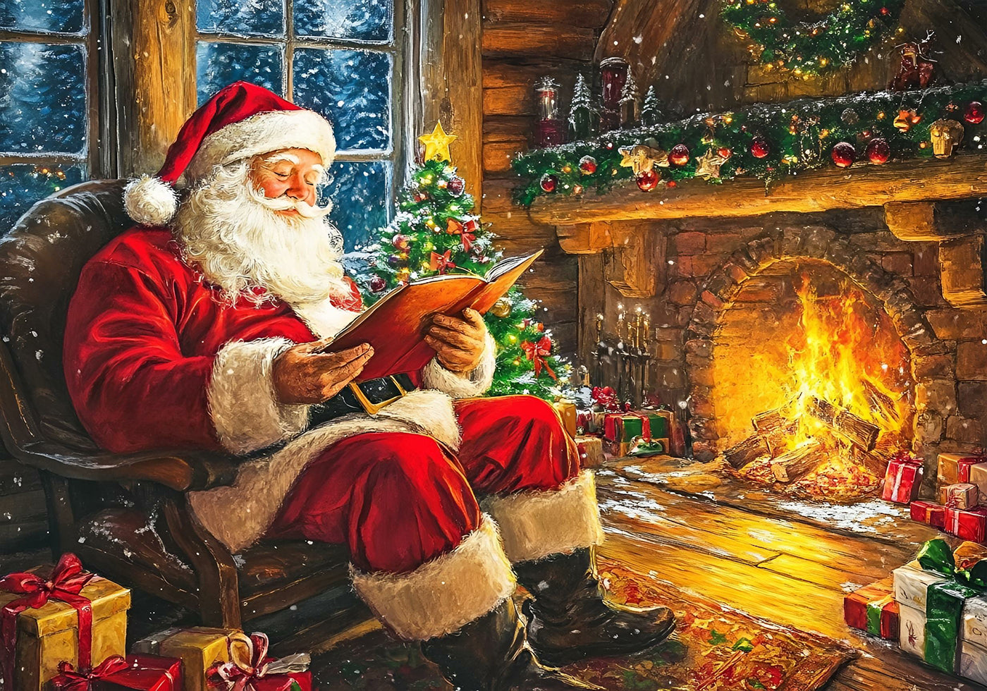 Santa Claus Reading by the Fireplace Poster