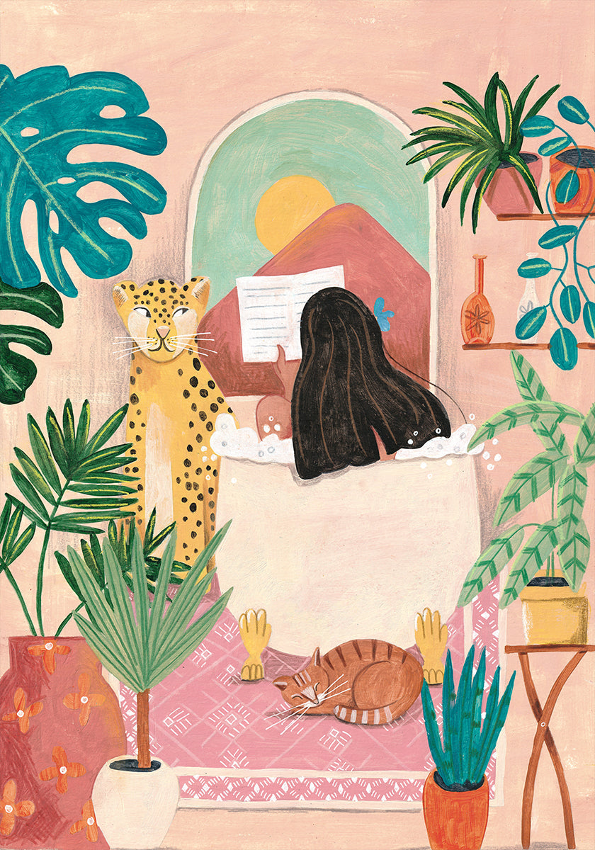 Woman taking bath in pink tropical bathroom Poster