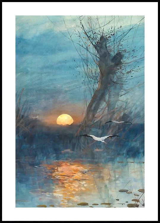 Sunset Over The Pond With Storks Poster