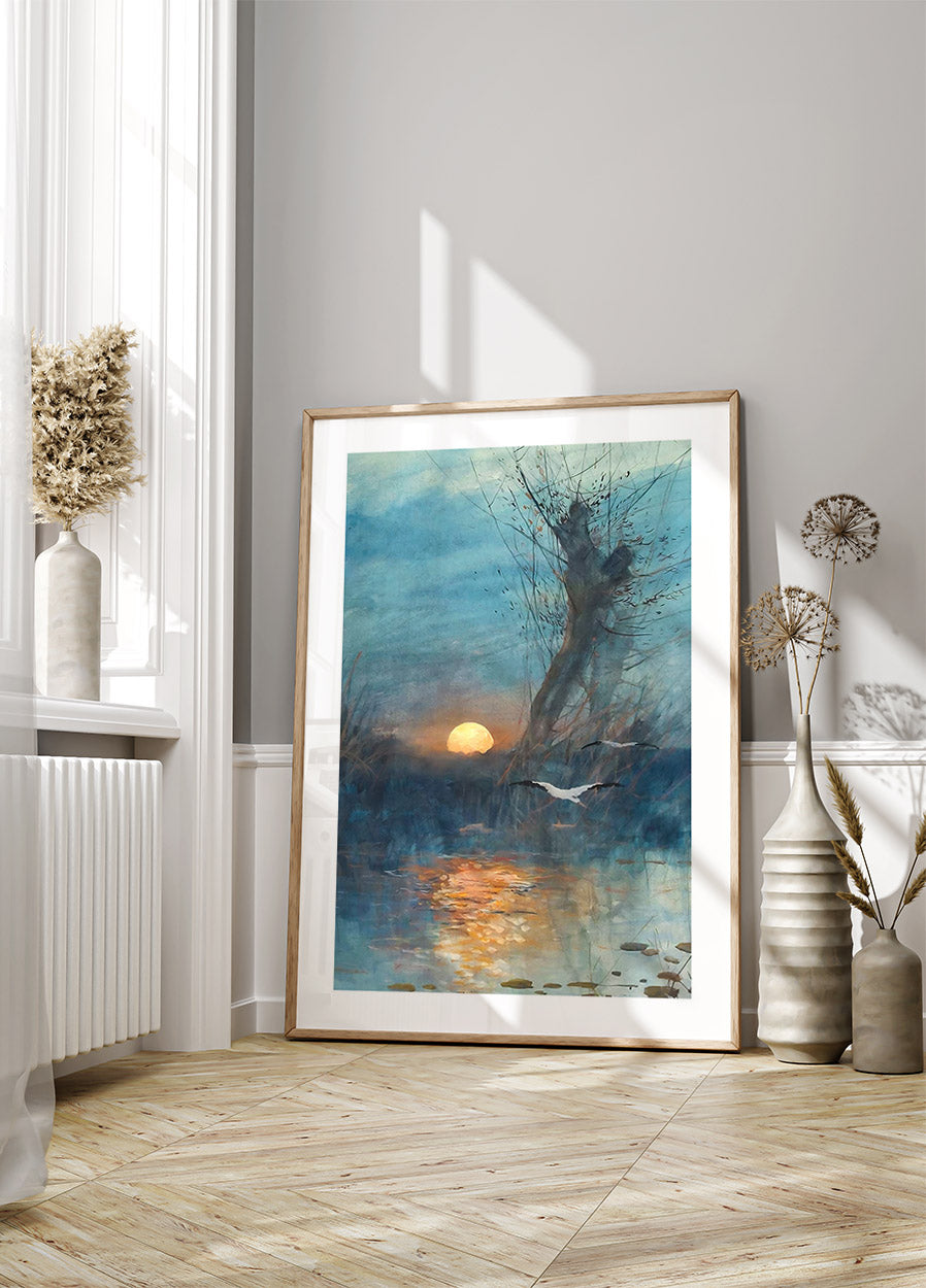 Sunset Over The Pond With Storks Poster