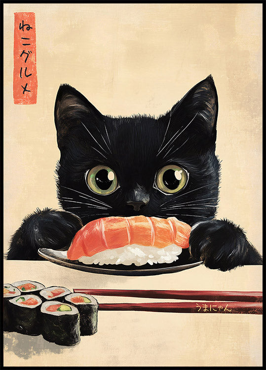 Sushi Lover Cat, Japanese-Inspired Feline Art Poster
