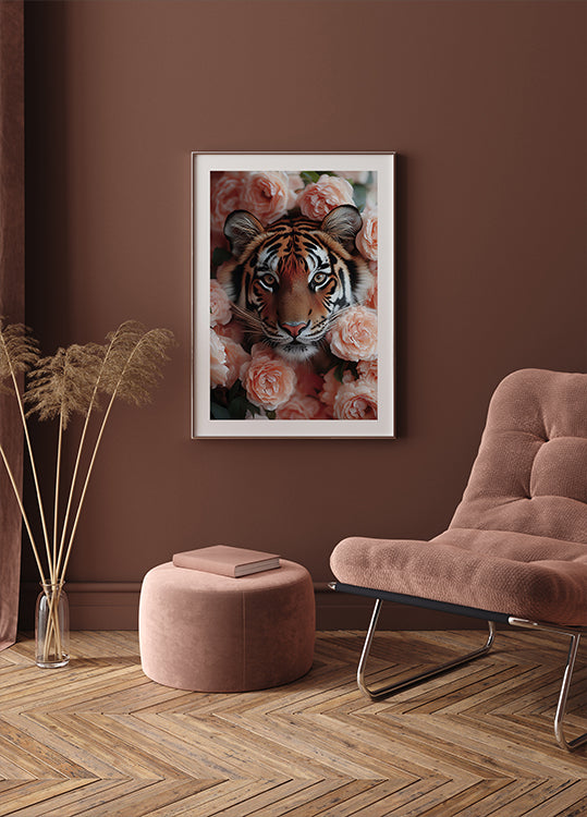 Tiger Among Peach Roses Poster