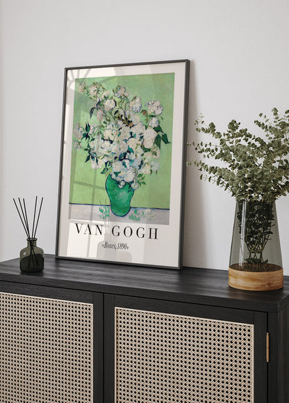 White Roses in Green Vase Poster