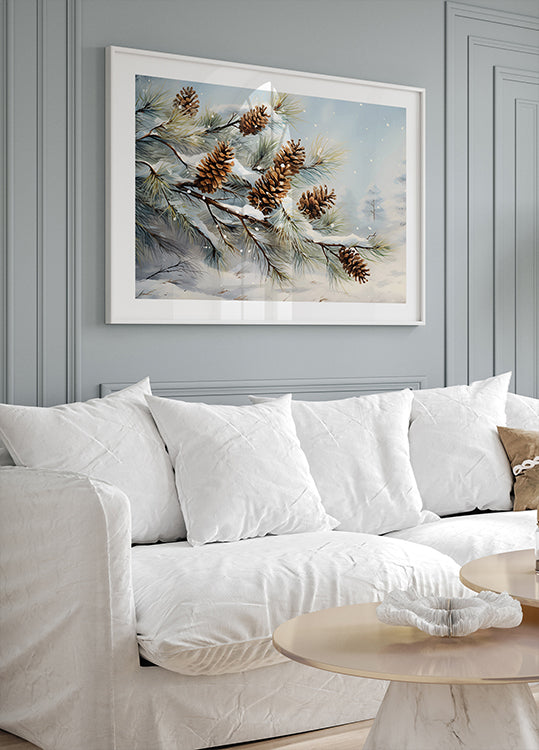 Watercolor Snowy Pine Branches with Cones Poster