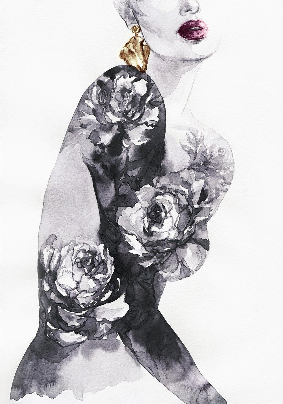 Watercolor Woman with Flowers Poster