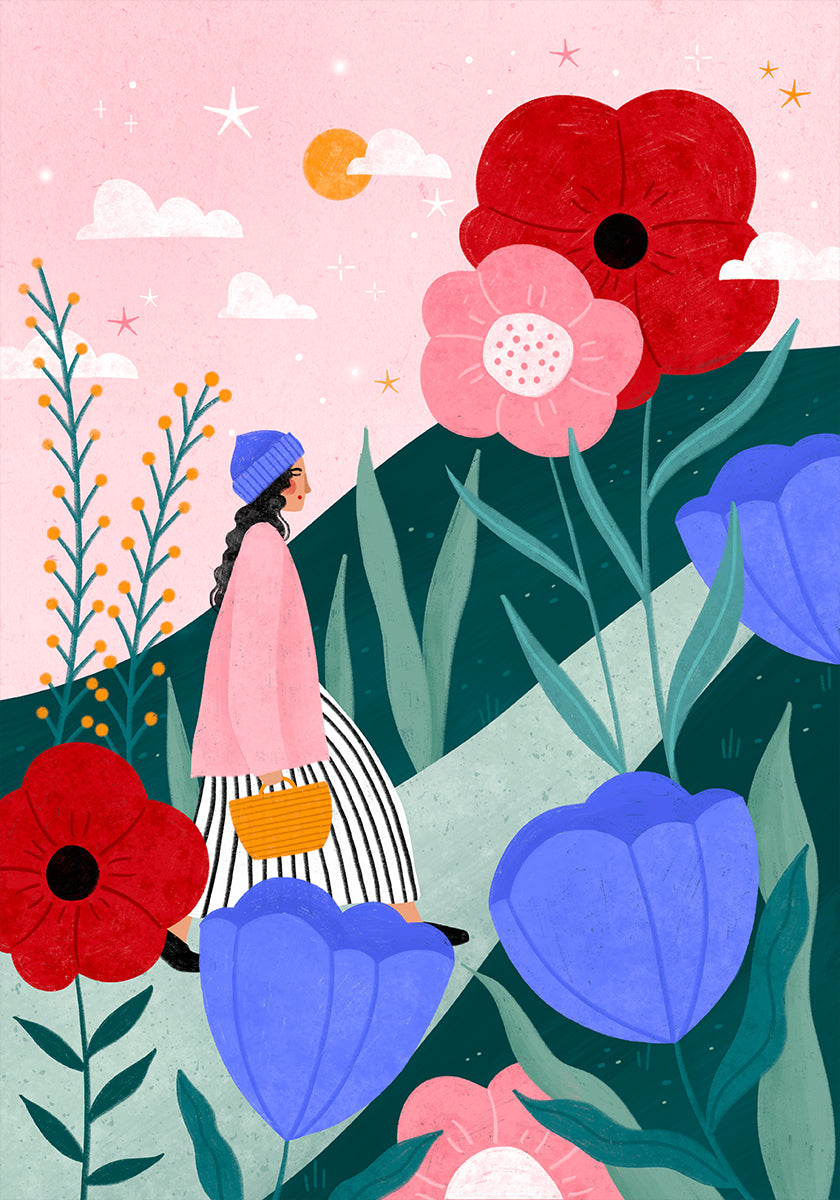 Woman Walking in Flower Garden