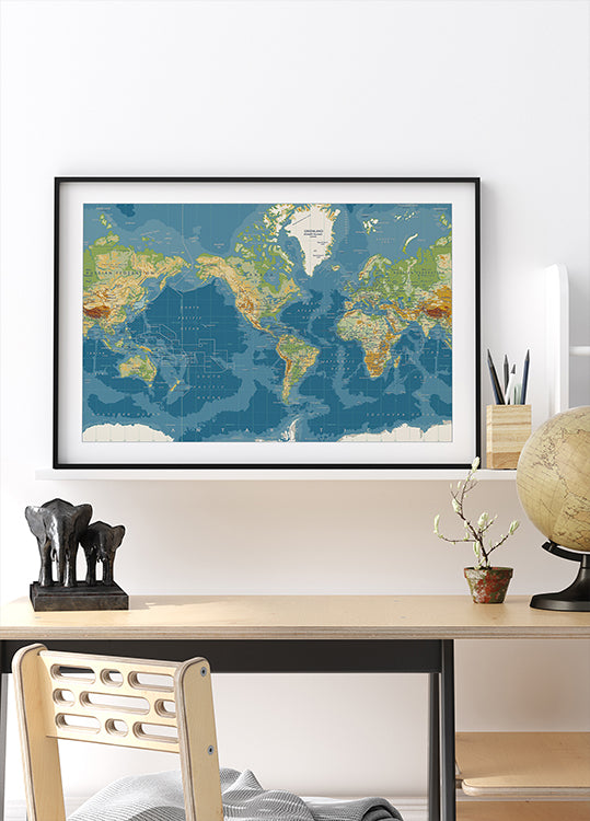 Detailed Physical World Map Poster